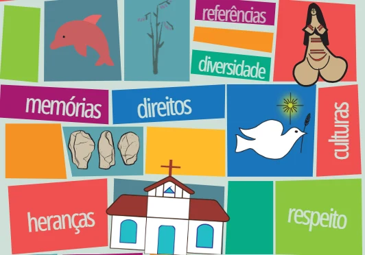 Ilustração de material educativo com as palavras memórias, direitos, culturas, heranças, diversidade e respeito